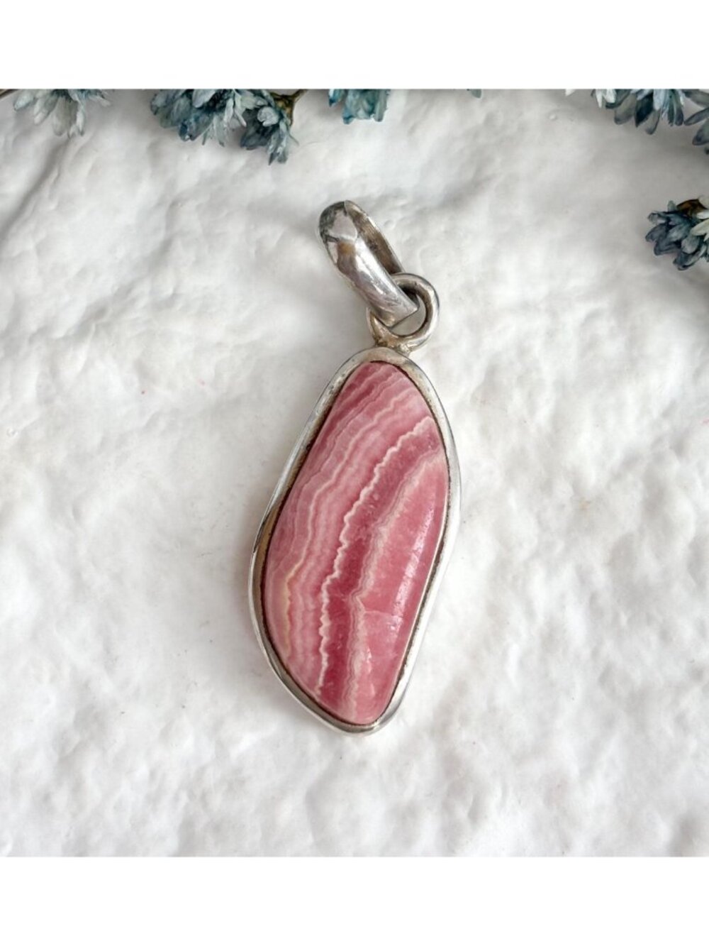 Rhodochrosite Freeform Banded Pink Sterling Silver 925 Vintage Pendant